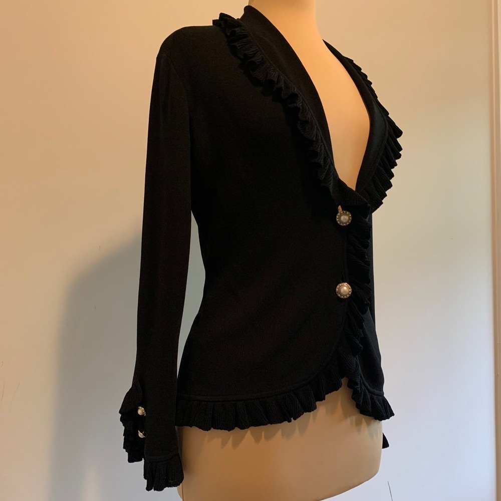 Vertigo Paris Black Ruffle Trim Pearl Button Womens Cardigan Sweater Top Medium - Picture 1 of 11